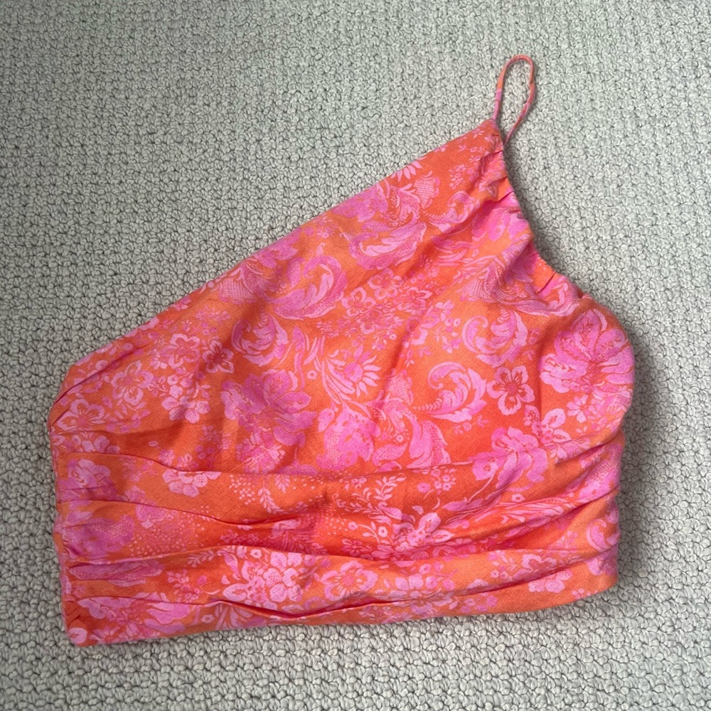 Orange and Pink Floral One-Shoulder Top